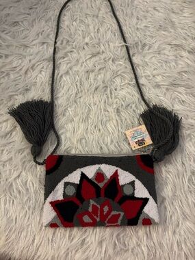 Handwoven Gray & Red Floral Crossbody Bag MADE & BROUGHT FROM COLUMBIA